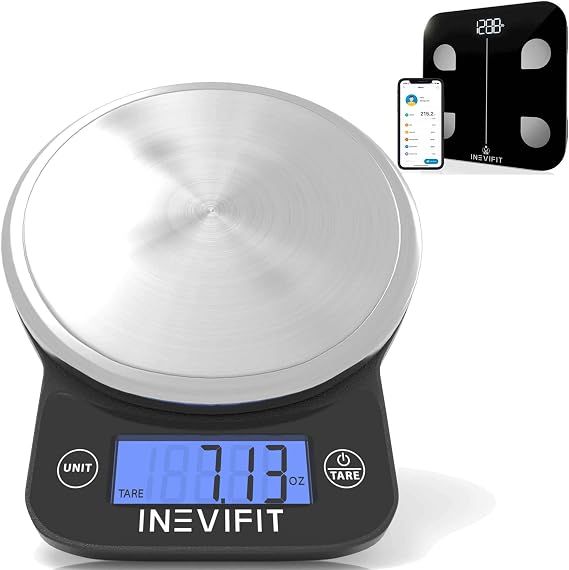 INEVIFIT Bathroom Scale & Digital Kitchen Scale Fitness Bundle, Complete Body Composition and Nutrition Tracking Solution with Batteries Included