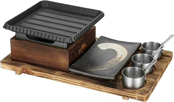 Japanese BBQ Grill Set, Portable Alcohol Barbecue Stove with Non-Stick Baking Pan, Dinner Plate, Seasoning Cups, and Wooden Base for Yakiniku, Yakitori,C