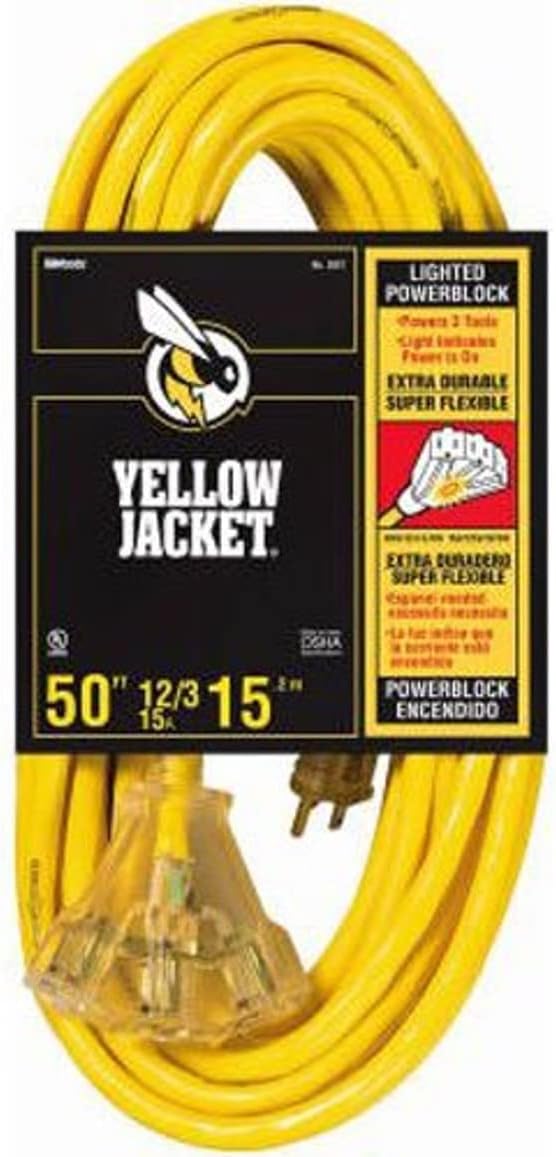 Southwire Outdoor Extension Cord - Power Light Indicator Cable for Heavy Duty Tools - SJTW - 12 Gauge - Water Resistant - High Visibility - Yellow - 50 Foot