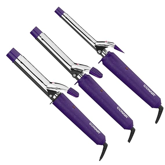 Conair Supreme Curling Iron Combo Set 3-Pack with 1/2 in, 3/4 in, and 1 in Barrels, Featuring 10 Heat Settings, Cool Tip Safety, and Tangle-Free Swivel Cord for Hair Styling, Purple, CB433W2N