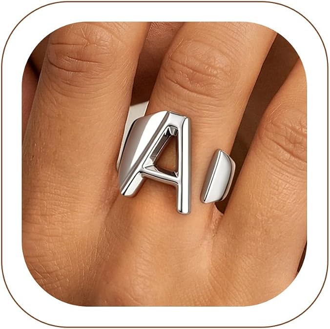 KeyStyle Gold Initial Rings for Women, Adujustable Letter Statement Rings