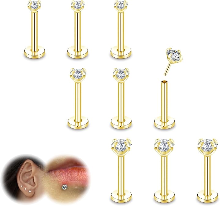 ZS 9Pcs 16G/18G/20G Threadless Push in Lip Labret Nose Studs, Stainless Steel Piercing Jewelry for Conch Medusa Piercing, CZ Forward Helix Tragus Earring for Women Men