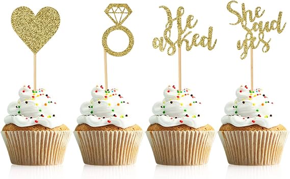 Donoter 48 Pcs Gold He Asked She Said Yes Cupcake Toppers Diamond Ring Heart Cake Picks for Wedding Engagement Party Cake Decorations