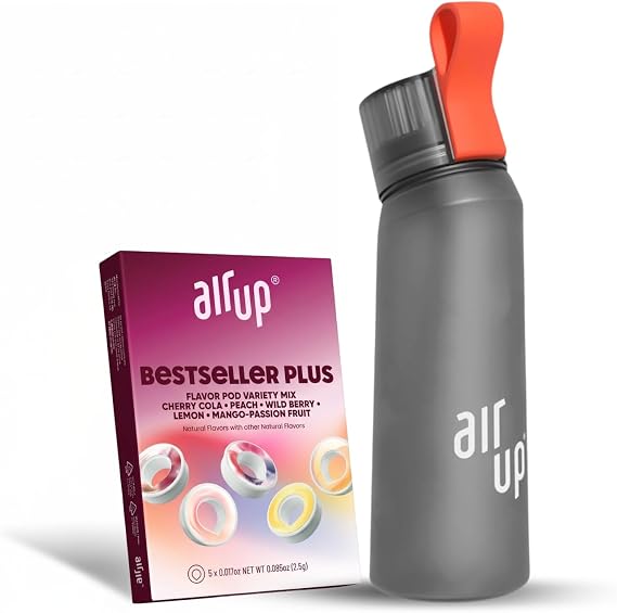air up water bottle (22oz) for school, sports, gym | includes 5 scent pods & straw | flavored bottle in grey also for kids, boys, girls | no calories, sugar-free and suitable for carbonation
