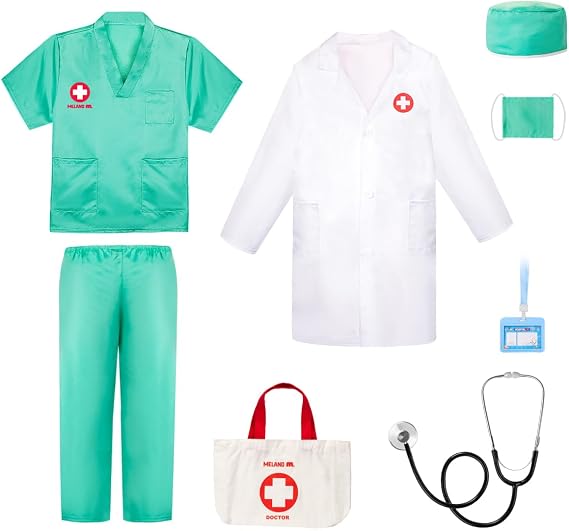 Meland Doctor Costume for Kids 3-10, Pretend Play Career Dress Up with Bag