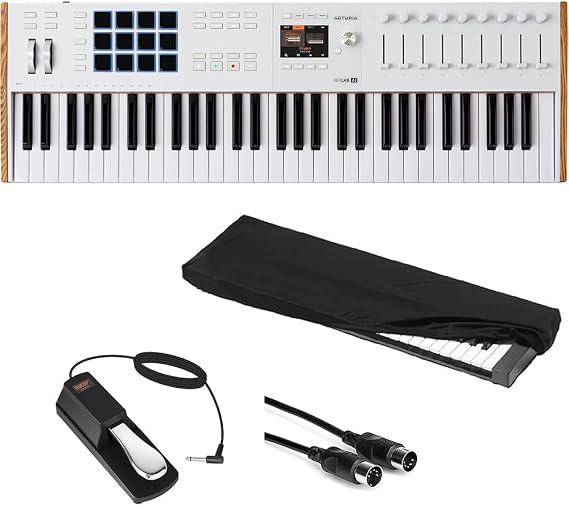 Arturia KeyLab 61 mk3 Professional MIDI Controller and Software (White) Bundle with Auray FP-P1L Sustain Pedal, Medium Keyboard Dust Cover, and 10' Black Midi cable