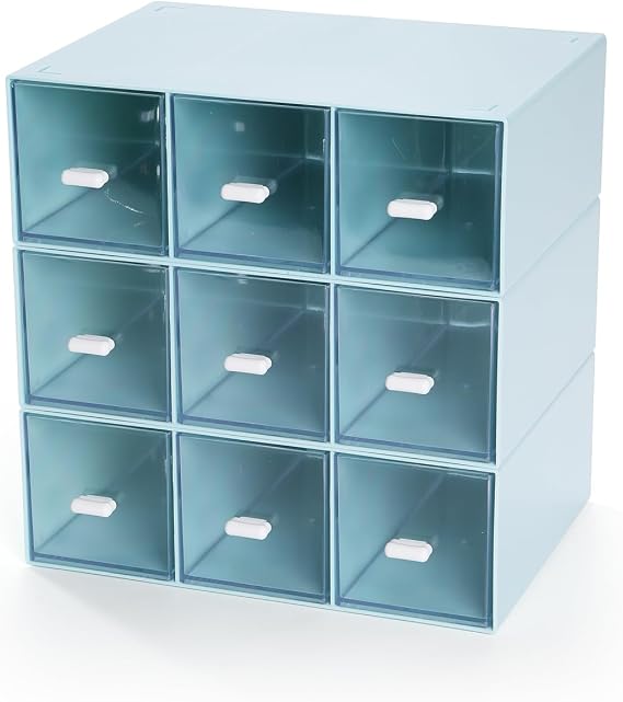Stackable Desk Organiser 9 Drawers, Small Plastic Drawers, Blue