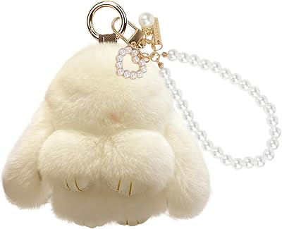 Plush Bunny Keychain with Pearl Chain 4.5 Bunny Golden Chain Backpack Pendant Accessories Charm Gifts for Women