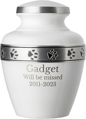 Pet Urn for Dogs and Cats with Personalized Laser Engraving, Morgan Paws Premier Series Memorial Urns for Dogs and Cats Large, Cloud White, Pewter Band