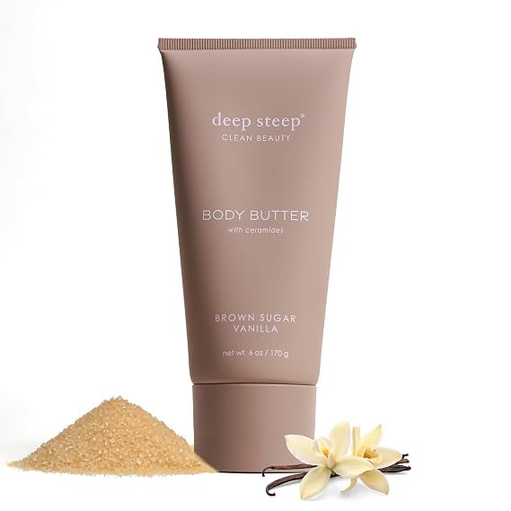 Deep Steep Body Butter, 6 oz Rich Moisturizer with Ceramides, Coconut Oil, Argan Oil & Aloe Vera Vegan, Clean Beauty, Smooth & Hydrated Skin (6 Ounces, Brown Sugar Vanilla)