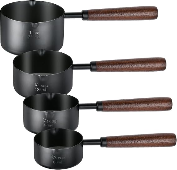 4Pcs Measuring Cups with Wooden Handle, Black Stainless Steel Measuring Cups Scoops Set, Dog Food Scoop for Kitchen Flour Spice Seasoning Measurement Cooking (1, 1/2, 1/3, 1/4 Cup)