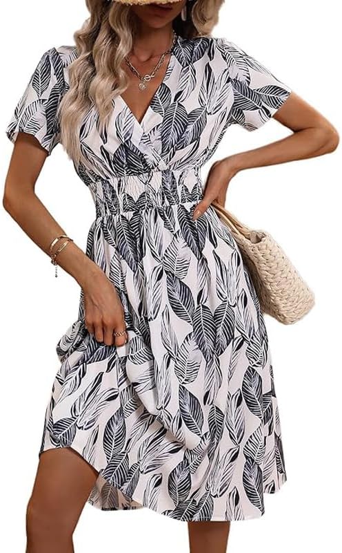 BSLVWG Women's V Wrap Dress Short Sleeve V Neck Wrap Summer Dress Midi Casual Floral Sundress A Line Dress Beach Dress...