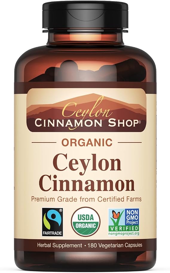 Organic Ceylon Cinnamon Capsules, USDA Certified Supplement - 180 Count