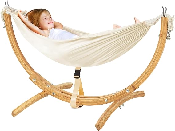 FUNLIO Wooden Hammock with Stand for Kids 3-5 Years (Height < 3.9ft/120cm), Premium Solid Wood Kids Hammock Chair Stand, Stable Structure, Wider & Longer Children Hammock, 220lbs Capacity