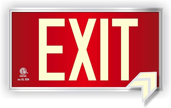 Photoluminescent Exit Sign Red - Framed Flat Wall Mount. UL 924 Code Approved/IBC/NFPA 101/Item: FRUL-050-R
