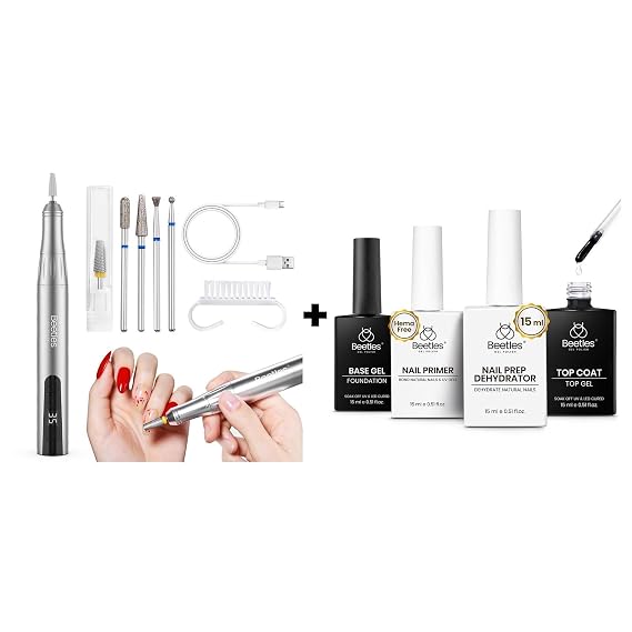 Beetles Electric Cordless Nail Drill, 35 Adjustable Speeds Portable & 4 Pcs 15ml Gel Top Coat and Base Coat Set with Nail Dehydrator and Pri