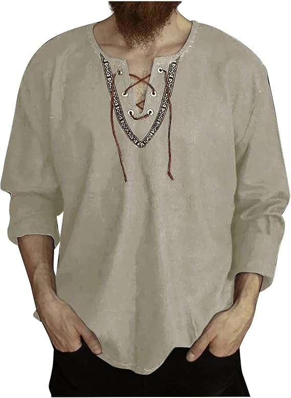Shirts for Men Fashion Long Sleeve Drawstring V Neck Vintage Medieval Pullover T Shirt Casual Tees Trendy Clothes