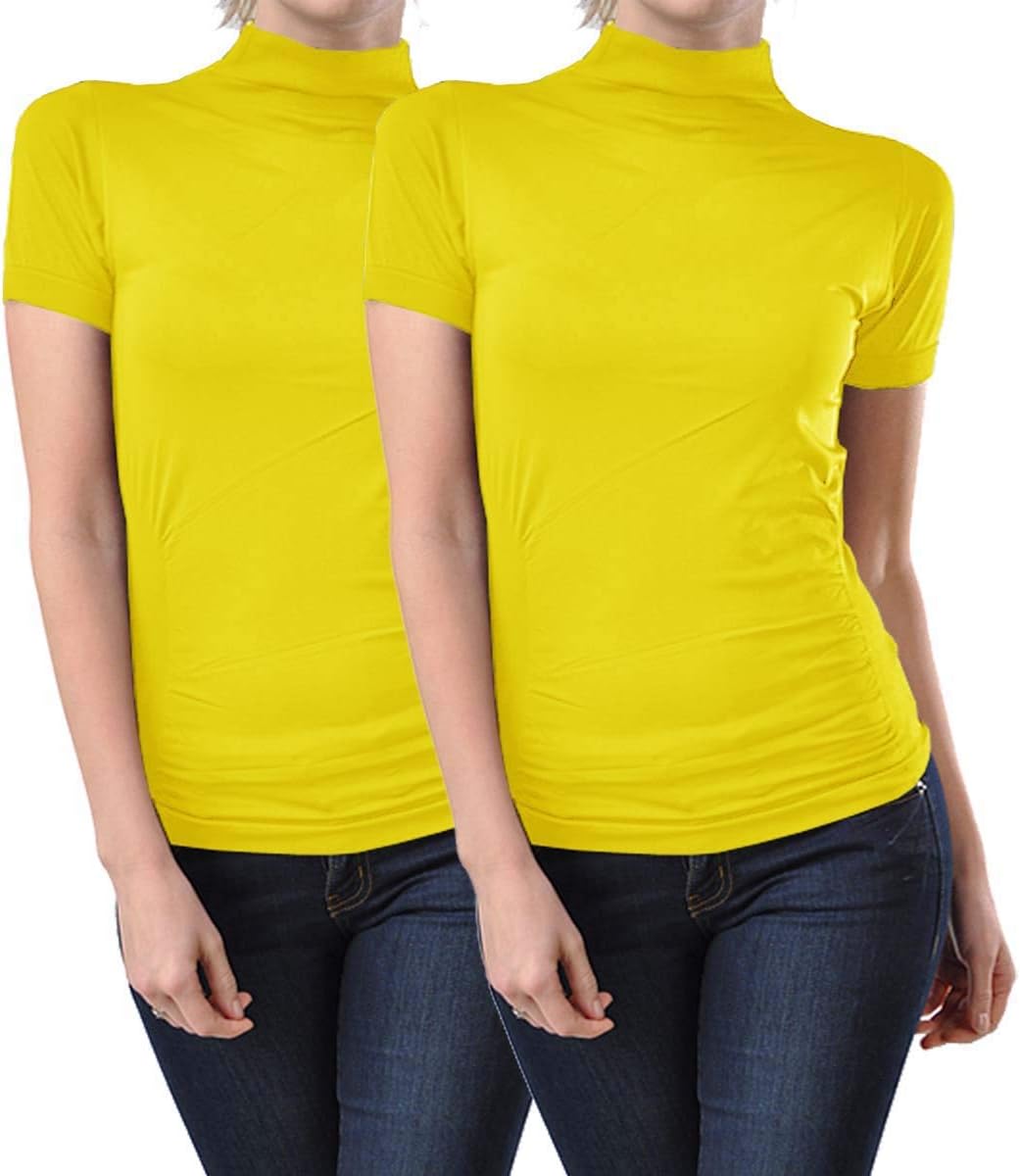 Kuda Moda 2 Pack Women Seamless Short Sleeve Mock Neck Turtleneck Blouse Top Tee Shirts