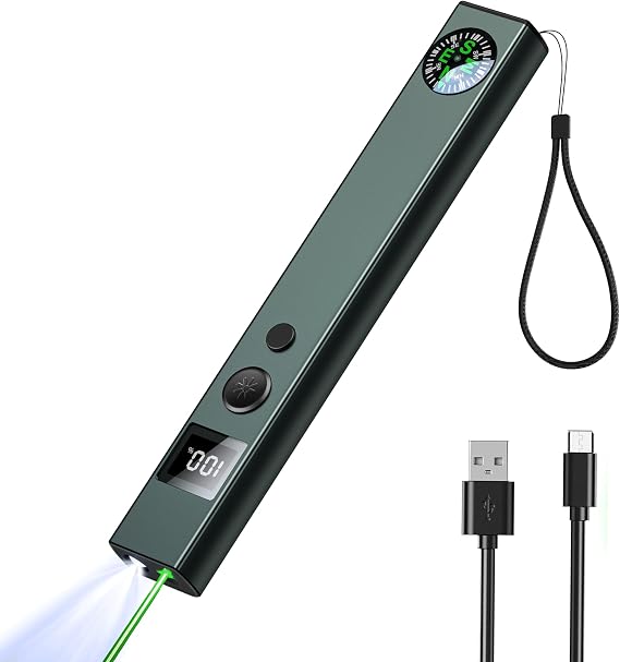 Green Beam Pointer with Green Light and Flashlight, Beam Pointer Long Distance for Presentations with Compass and Display Screen, USB Type C Rechargeable Work Light for Outdoors, Emergency, Work