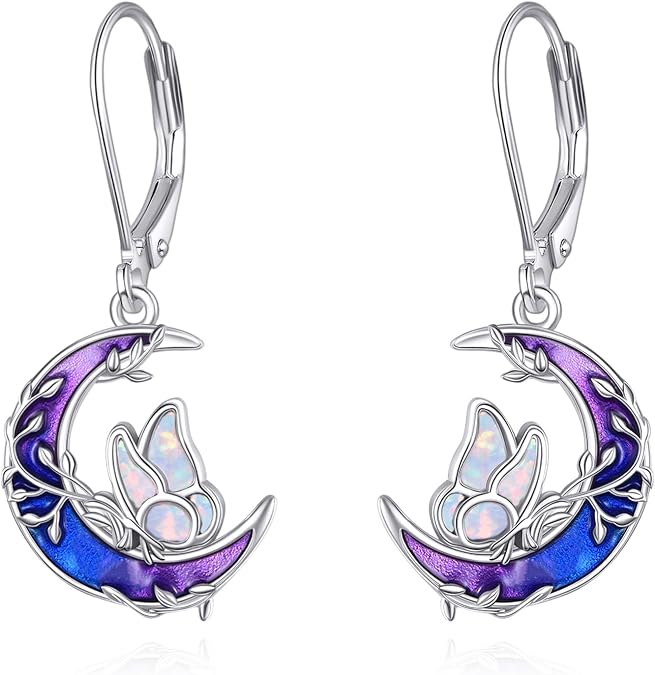 Moon Animal Earrings for Women 925 Sterling Silver Butterfly/Dragonfly/Cat Leverback Earrings Animal Dangle Jewelry Gift