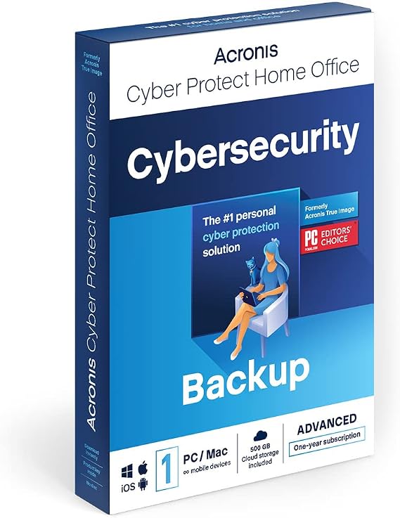 Acronis Cyber Protect Home Office 2023 | Advanced | 500 GB Cloud-Space | 1 PC/Mac | 1 Year | Windows/Mac/Android/iOS | Internet Security with Backup | Activation Code by post
