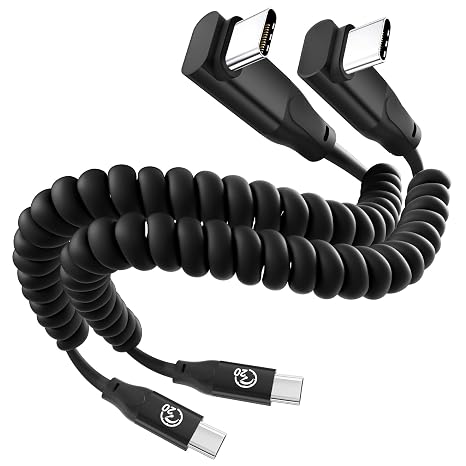Coiled USB C to USB C Cable 90 Degree 1FT 2Pack, USBC 3.2 Gen 2 Cable