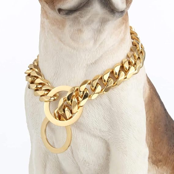 Dog Chain Collar Choke Collar Heavy Duty Chew Proof 19MM 14K Gold Plated Stainless Steel Dog Training Collar(19MM, 22")