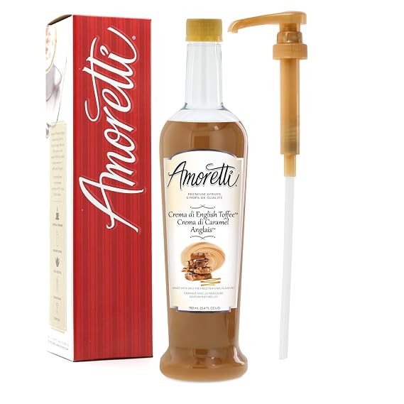 Amoretti - Premium Crema diTM English Toffee Syrup, 94 Servings Per Bottle (750 ml), with Pump for Flavoring Coffees, Cocktails, and other Beverages, Gluten Free, GMO/GEO Free, Preservative Free