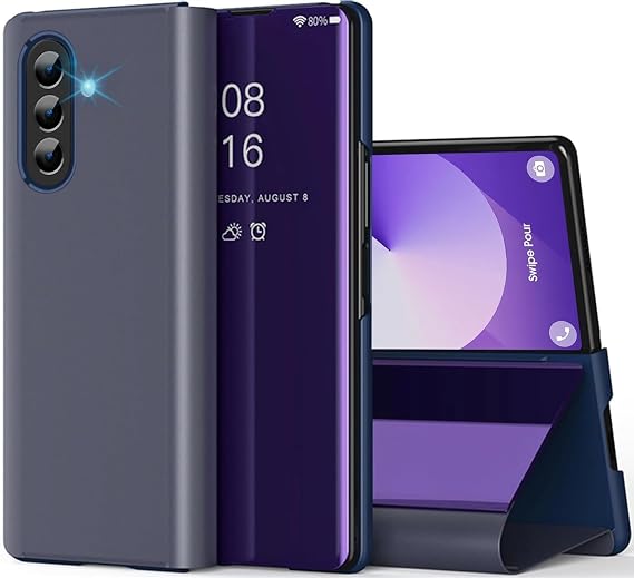 Galaxy Z Fold 7 Cover Cases Compatible with Samsung Z Fold 7 Flip Cell Phone Case Clear View Mirror Flip Cover PU Leather with Kickstand Protective Cover for Samsung Galaxy Z Fold 7 (Purple)