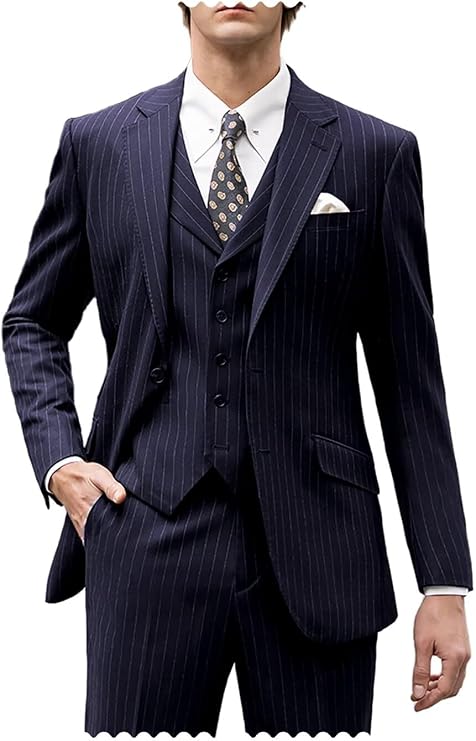 Men's Suits 3 Piece Pinstripe Tuxedo Suit for Wedding Groomsmen Slim Fit Formal Prom Tuxedo