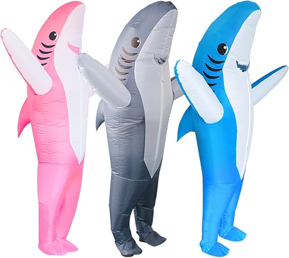 Poptrend 3 pack Inflatable Shark Costumes for Adults Funny Halloween Blow Up Shark Suit for Birthday Gift Cos Play Party (Blue+grey+Pink)
