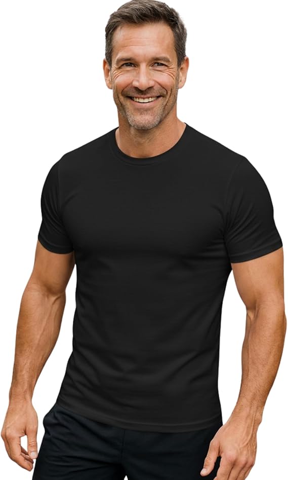 LINE ONE Men's T-Shirt Crew Neck Undershirt Men's Stretch Short Sleeve Shirt Cotton Basic Slim Fit