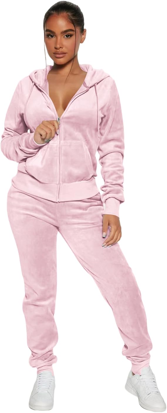 Womens 2 Piece Y2K Velour Tracksuit, Zip Cropped Hoodie&Jogger Pants Outfit