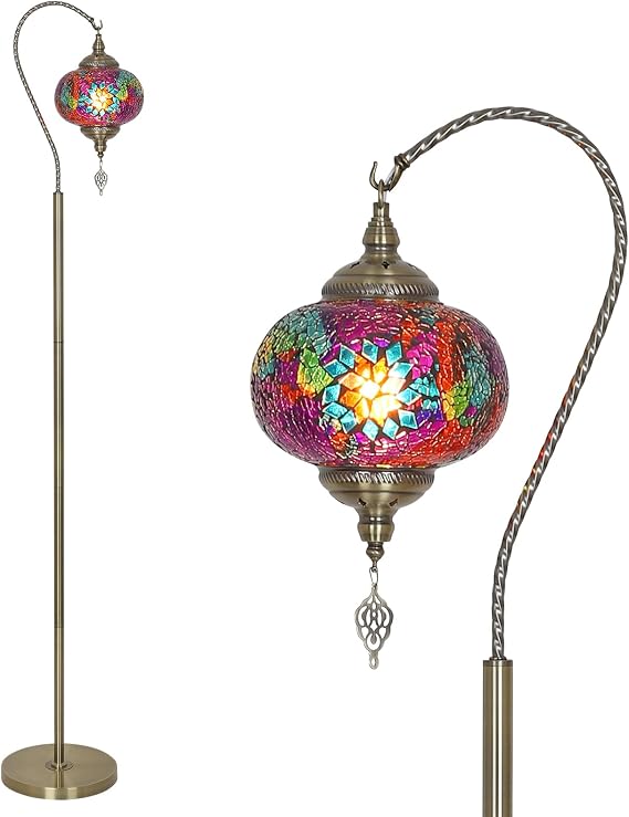 LAMSU Turkish Moroccan Floor Lamp, Swan Neck Tiffany Lamp with Handmade Mosaic Glass Shade, Bronze Base, 65" Tall Standing Lamps for Living Room Bedroom Home Decor Light, Colorful