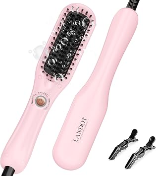 LANDOT Mini Hair Straightening Brush Portable Heated Ionic Straightener Brush for Short to Medium Hair, 30s Fast Heat, Lightweight Hot Comb for Travel, Blush Pink