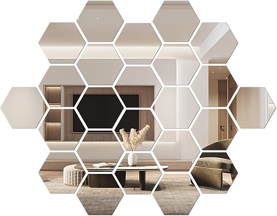24Pcs Mirror Wall Stickers, Hexagon Acrylic Mirror Stickers with Self-Adhesive Backing, Removable Mirrors Wall Art Decal for Home, Living Room, Bedroom, Decor (l)