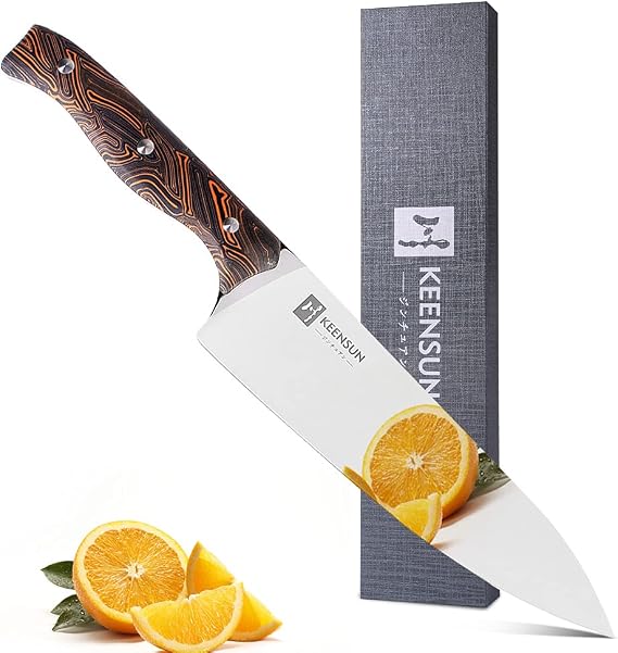KEENSUN Chef Knife - 8 Inch Professional Kitchen Knife Rust Resistant VG10 Stainless Steel Ultra Sharp Chef Kitchen Knife,Orange-Black Damascus Pattern G10 Handle and Mirror Polished Blade