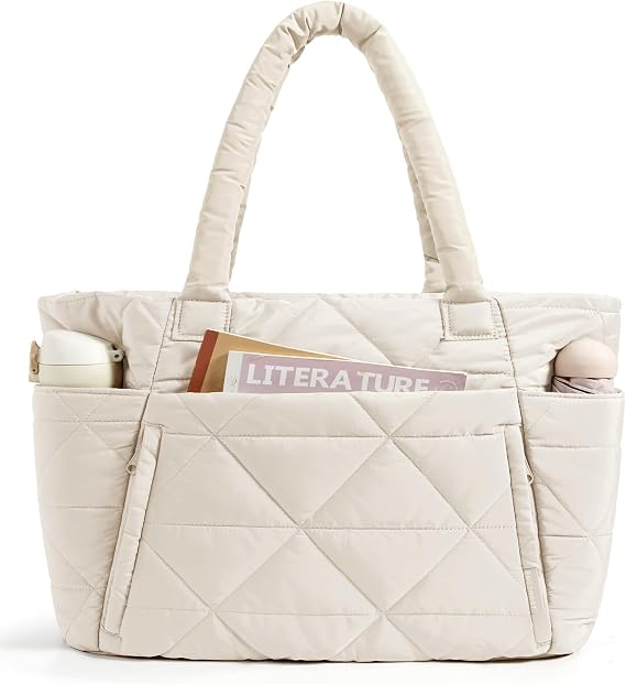 BAGSMART Tote Bag for Women, Puffer Tote Bag with Zipper, Large Quilted Shoulder Bag with Compartments for Travel, Work, Gym