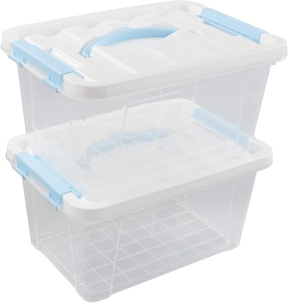 Gloreen 6 Quart Clear Storage Bins with White Lid and Blue Handle, 2 Packs | Multipurpose, Plastic Latch Storage Container Box
