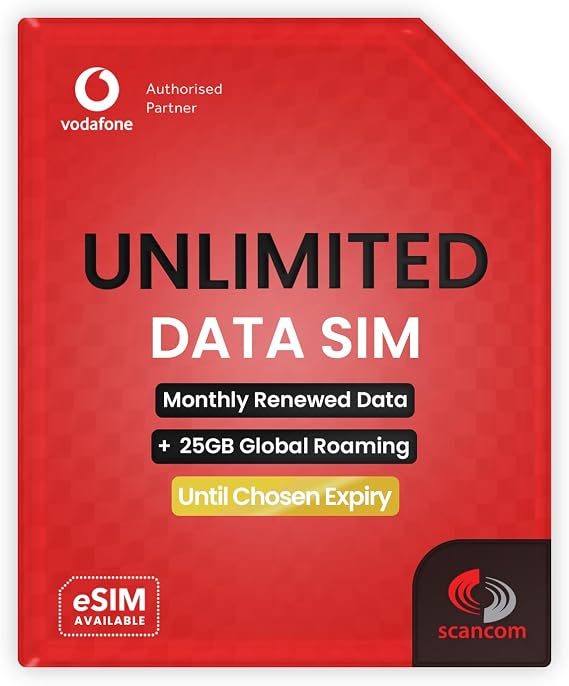 Vodafone Global Data SIM - 25GB Europe &amp; USA Roaming + Unlimited UK Data - Preloaded for 14 Days - 1 Working Day Activation - For Phones &amp; WiFi Routers