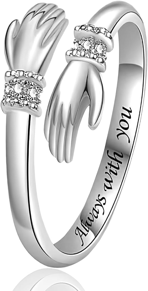 Sterling Silver Hug Rings for Women, Hugging Hands Adjustable Open Ring Engraved Words Ring Symbol of Love Sister Gifts Perfect for Daughters Mom Wife Friends Mother's Day Friendship Jewelry Gift