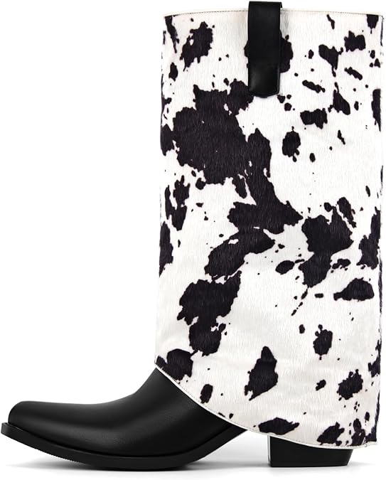 Women's Cowboy Cowgirl Boots Mid Calf Chunky Block Heel Western Boots with Cow Print Fold-Over