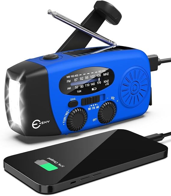 Esky Emergency Hand Crank Radio with 3 LED Flashlight, AM/FM/NOAA Portable Weather Radio with 2000mAh Rechargeable Battery, Solar Powered USB Charged Radio for Indoor Outdoor Camping, Blue