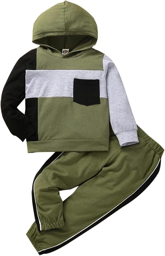 Toddler Baby Boy Clothes Long Sleeve Hooded Pullover Colorblock Sweatshirt + Pants 2Pcs Outfits Set...