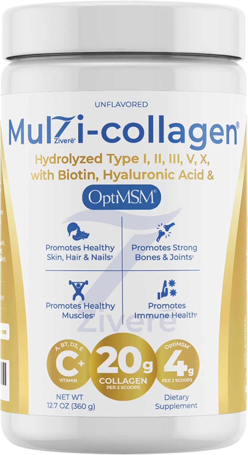 MulZi-Collagen Advanced Formula: Multi Collagen Peptides Powder with Hyaluronic Acid, Opti MSM & Biotin - Hydrolyzed Protein for Men and Women - Types I, II, III, V, X - Unflavored, 30 Servings