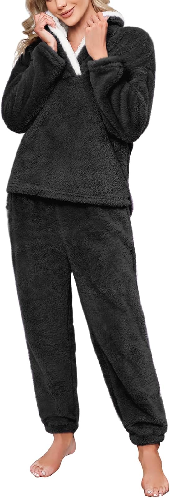HEEKPEK Womens Pajamas Warm Fleece Pajamas Set Pullover Pants Loose Loungewear Sherpa Hoodie Sleepwear Winter Clothes