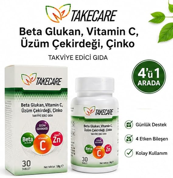 Take Care Beta Glucan Vitamin C 30 supplement tablets containing Zinc Grape Seeds