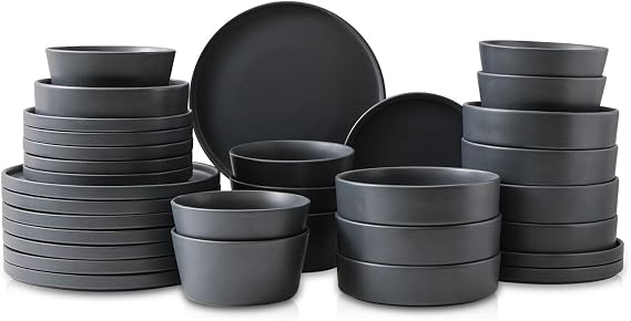 Stone Lain Celina Stoneware 32-Piece Dinnerware Set, Cereal and Dinner Bowls, Grey