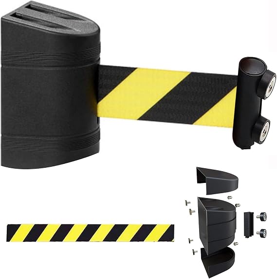 Black Magnetic Attraction Wall Mount Queue Belt Barrier, 6.6/9.8/16.4FT Magnetic Retractable Crowd Control Wall Barrier, with mounting Accessories(A,5M/16.4FT)