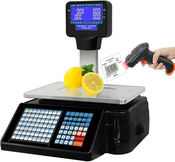 Electronics Barcode Scale, Label Printing Scales, with Scanner and CashBox, HD LCD Display, 63 Shortcut Keys, for Supermarket, Retail Store, Warehouse Weighing